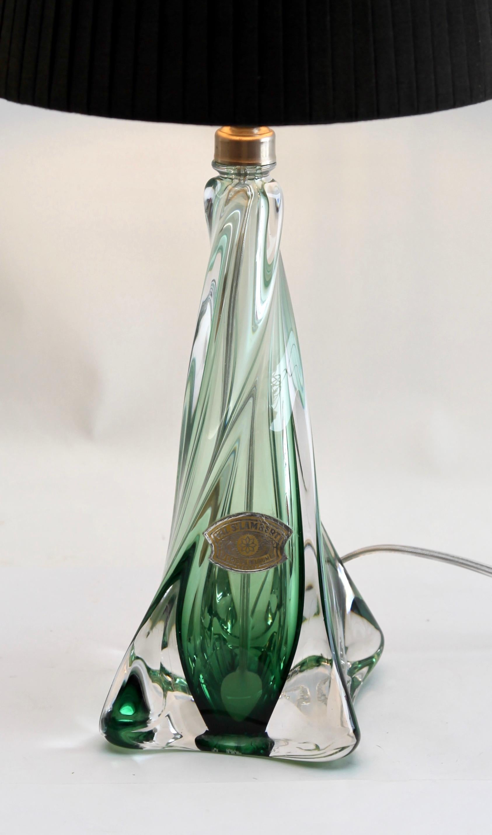 Hand-Crafted Pair Val Saint Lambert  'Twisted Lights' Crystal Table Lamp in Emerald Green