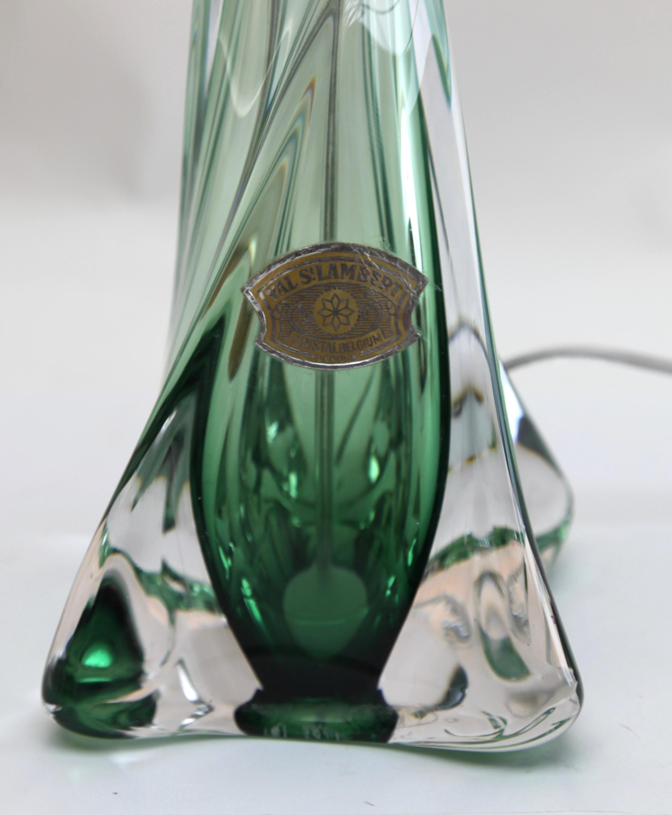 Pair Val Saint Lambert  'Twisted Lights' Crystal Table Lamp in Emerald Green In Good Condition In Verviers, BE