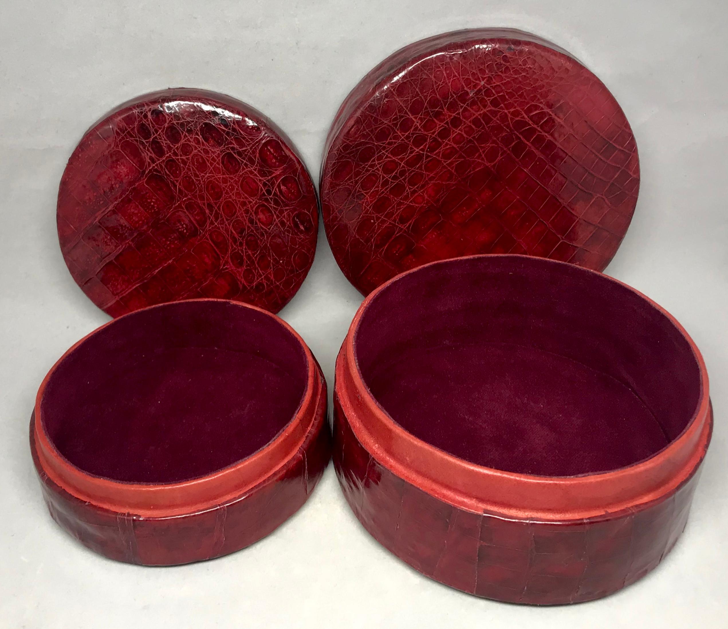 Mid-Century Modern Pair Red Crocodile Nesting Boxes For Sale