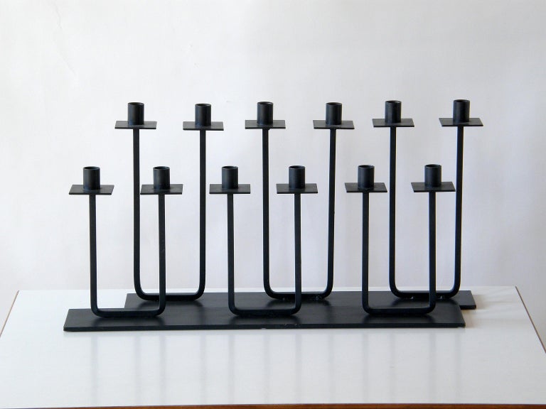 Mid-Century Modern Pair Van Keppel Green VKG Iron Candelabras Candleholders with Varying Heights For Sale