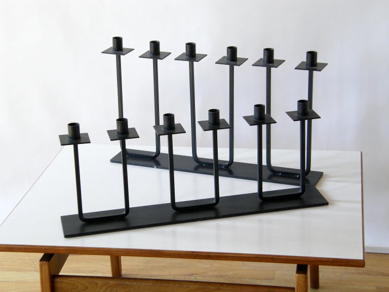 American Pair Van Keppel Green VKG Iron Candelabras Candleholders with Varying Heights For Sale
