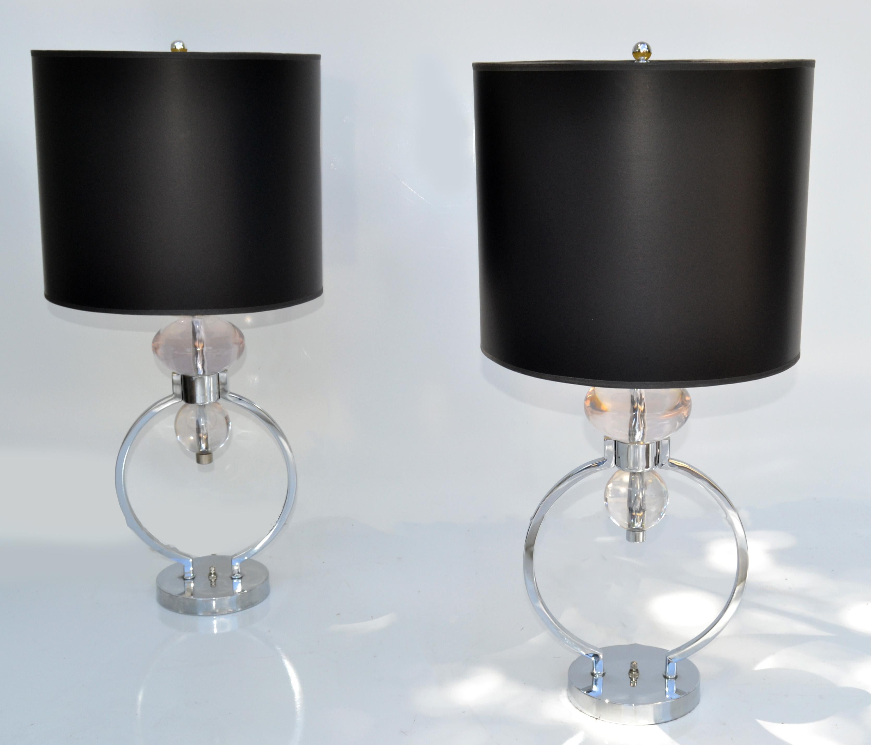 Pair, Van Teal Geometric Lucite, Chrome Table Lamps & Shades Mid-Century Modern For Sale 8