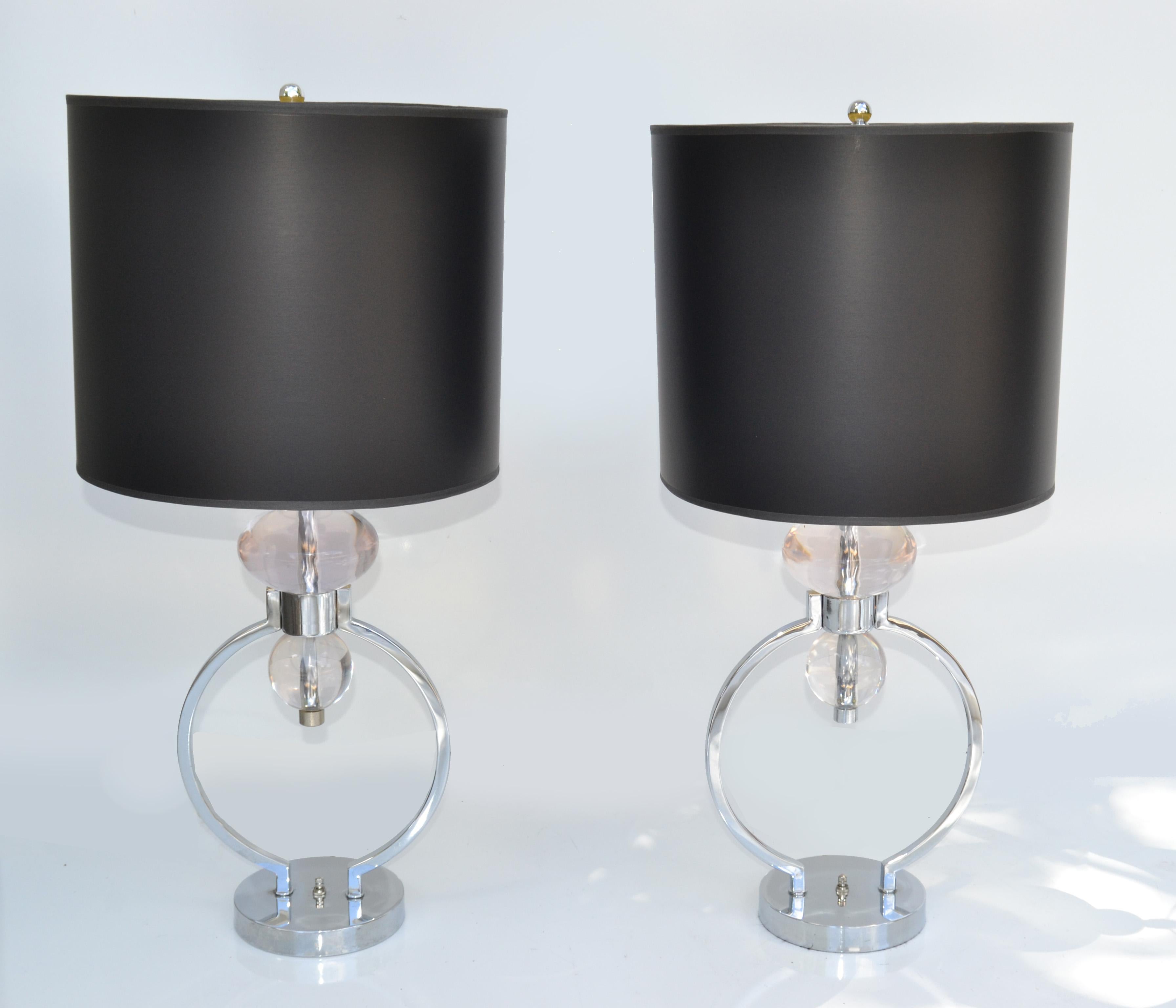 Pair, Van Teal Geometric Lucite, Chrome Table Lamps & Shades Mid-Century Modern For Sale 9