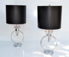 Pair, Van Teal Geometric Lucite, Chrome Table Lamps & Shades Mid-Century Modern