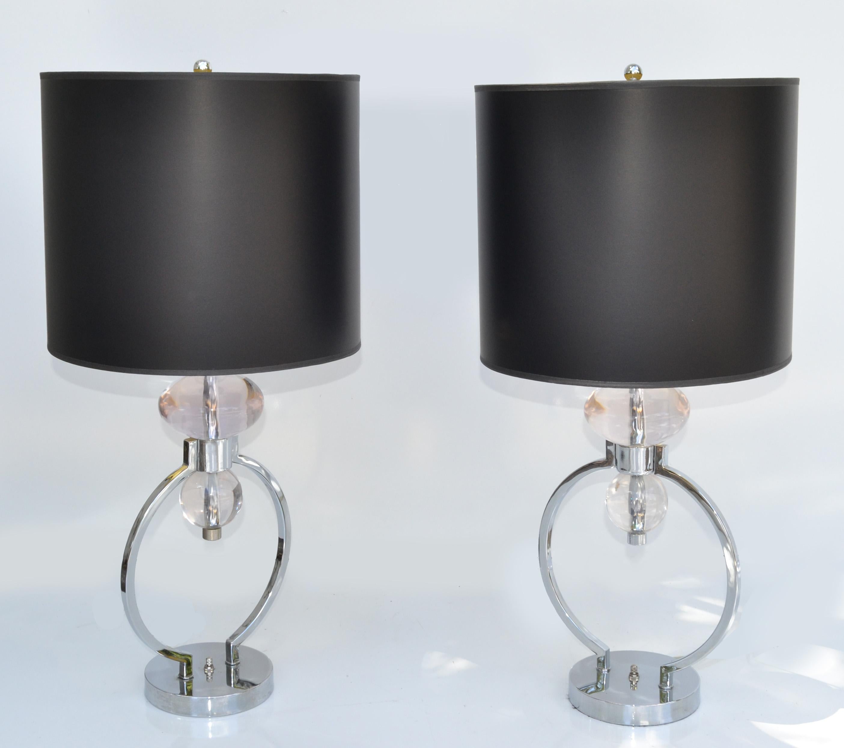 American Pair, Van Teal Geometric Lucite, Chrome Table Lamps & Shades Mid-Century Modern For Sale
