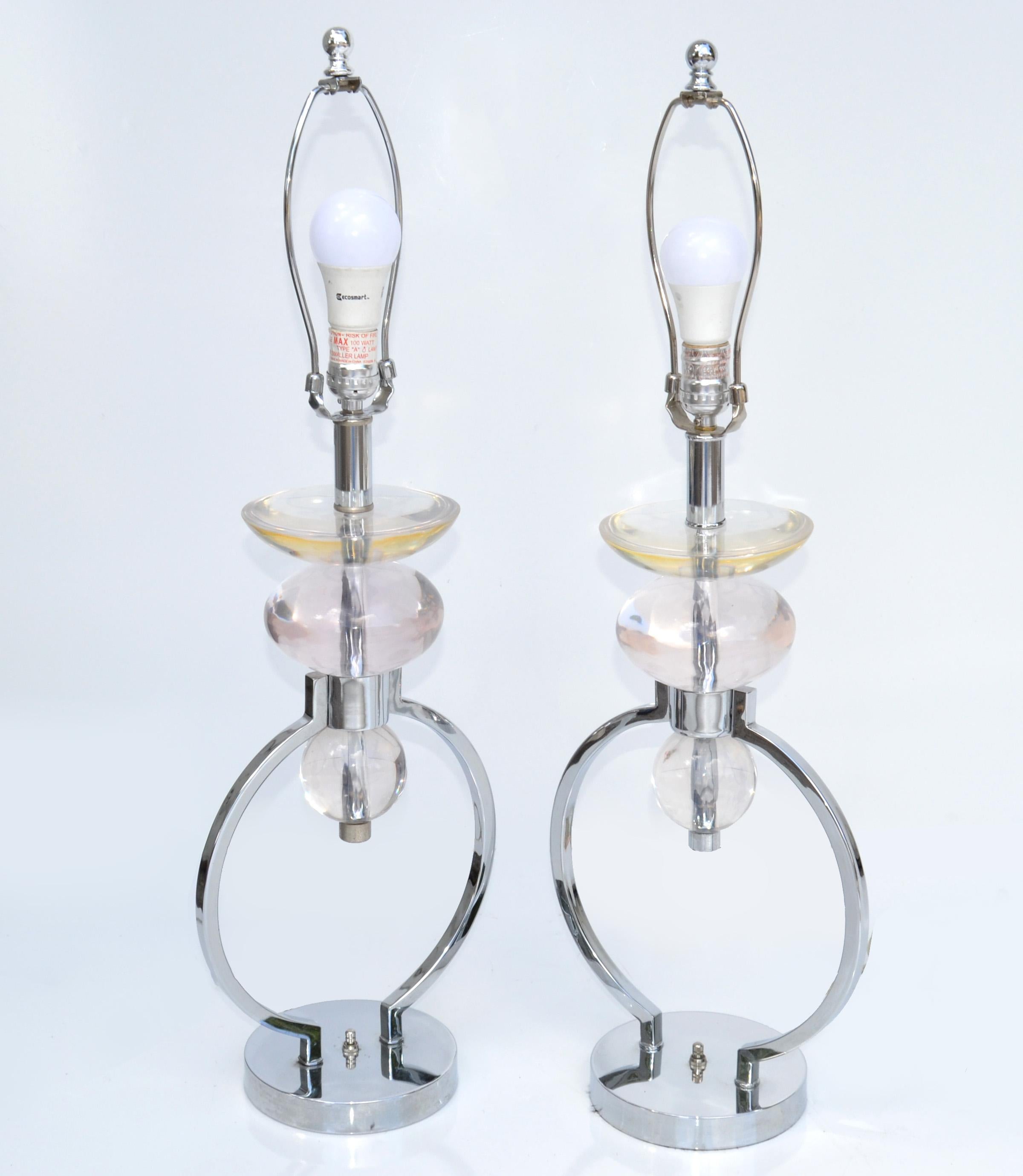 Pair, Van Teal Geometric Lucite, Chrome Table Lamps & Shades Mid-Century Modern In Good Condition For Sale In Miami, FL