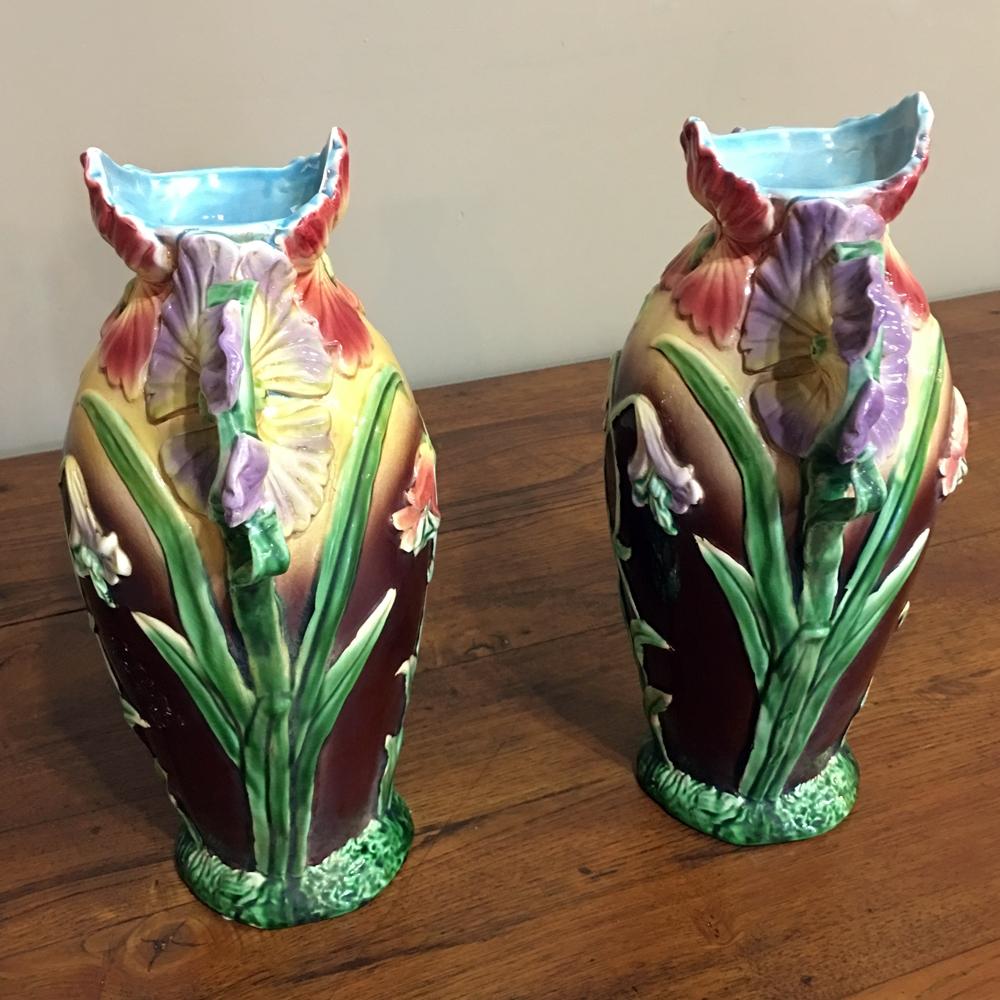 Hand-Painted Pair of Vases, Antique French Art Nouveau Barbotine