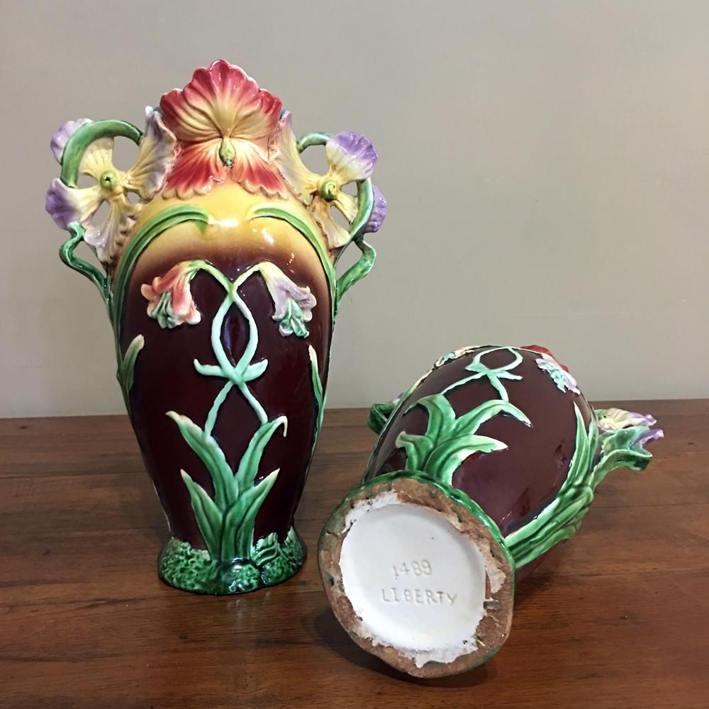 Early 20th Century Pair of Vases, Antique French Art Nouveau Barbotine