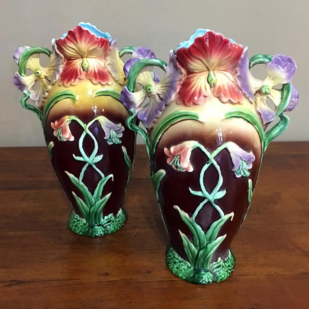Pair of Vases, Antique French Art Nouveau Barbotine 1