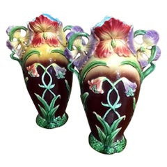 Pair of Vases, Antique French Art Nouveau Barbotine