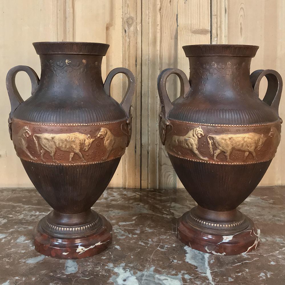 Classical Greek Vases Art Deco Period in Grecian Style in Painted Spelter on Marble Bases, Pair For Sale