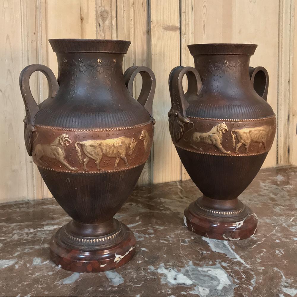 French Vases Art Deco Period in Grecian Style in Painted Spelter on Marble Bases, Pair For Sale