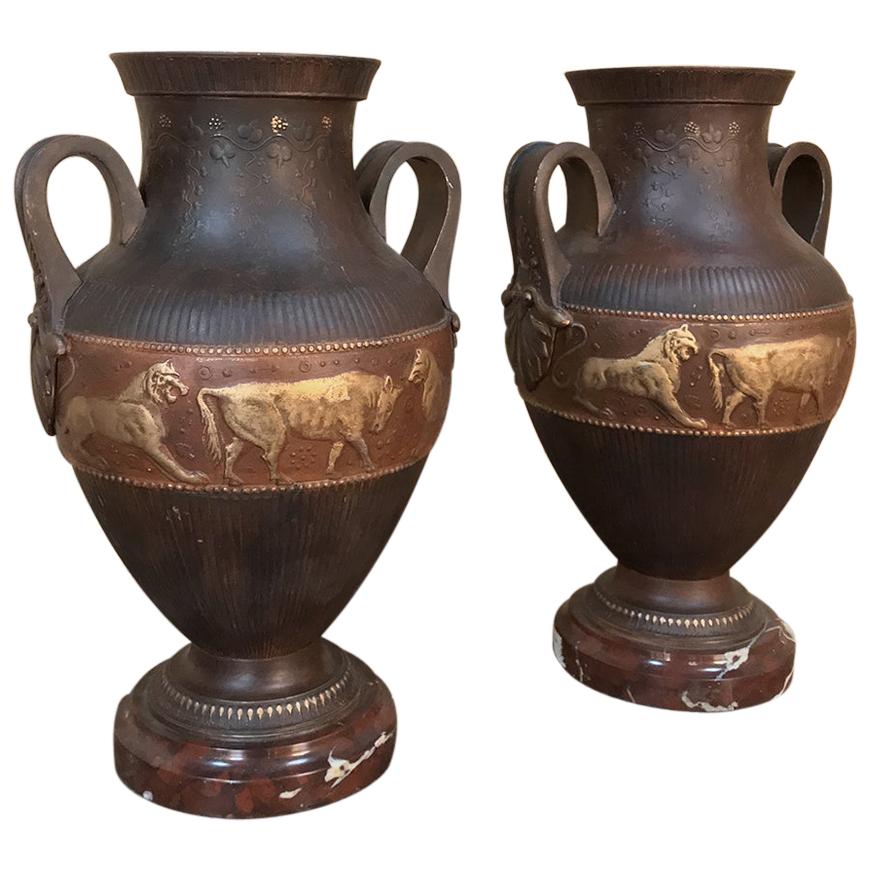 Vases Art Deco Period in Grecian Style in Painted Spelter on Marble Bases, Pair For Sale
