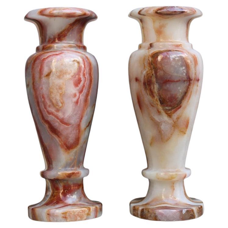 Pair Vases White Zebra-Printed Onyx Marble Rare Angelo Mangiarotti Att., 1950s For Sale