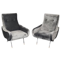 Pair Velvet Zanuso Style Italian Ebonized Brass Mid Century Modern Lounge Chairs