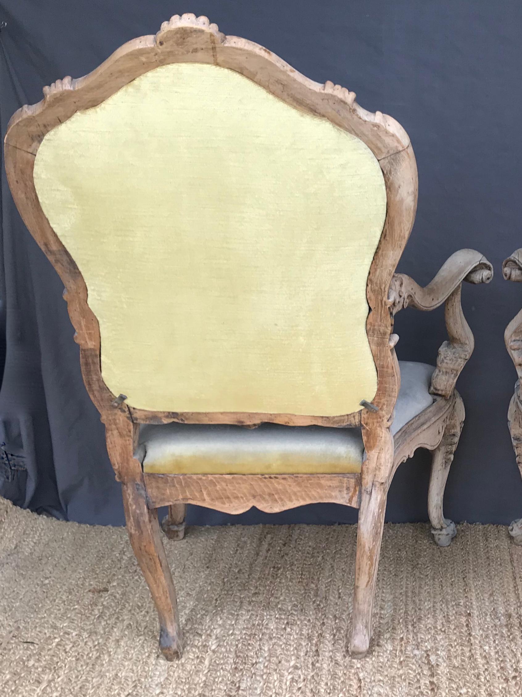 Velvet Pair Bleached Wood Venetian Open Armchairs For Sale