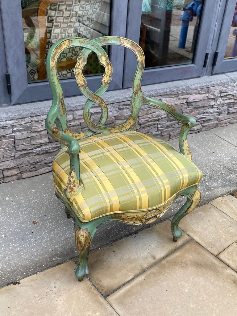What special pair of Venetian armchairs Te look is great! They are comfortable and beautiful painted with the Green and creamy yellow having flowers, etc. hand carved the best of the best finished with horsehair inside Keep as original as possible,