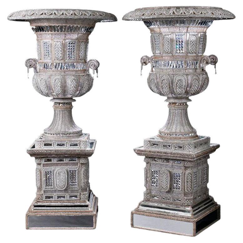 Pair Venetian Crystal Lighted Campana Floor Vases