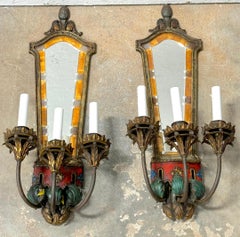 Pair Venetian Eglomise Mirror & Polychromed 3 light Wall Sconces, Circa 1925