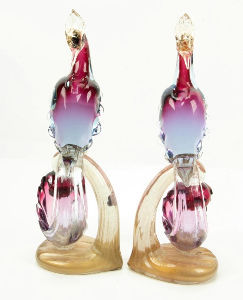 Italian Pair Venetian Glass Bird Sculptures, Alfredo Barbini, Great Purple Red Coloring