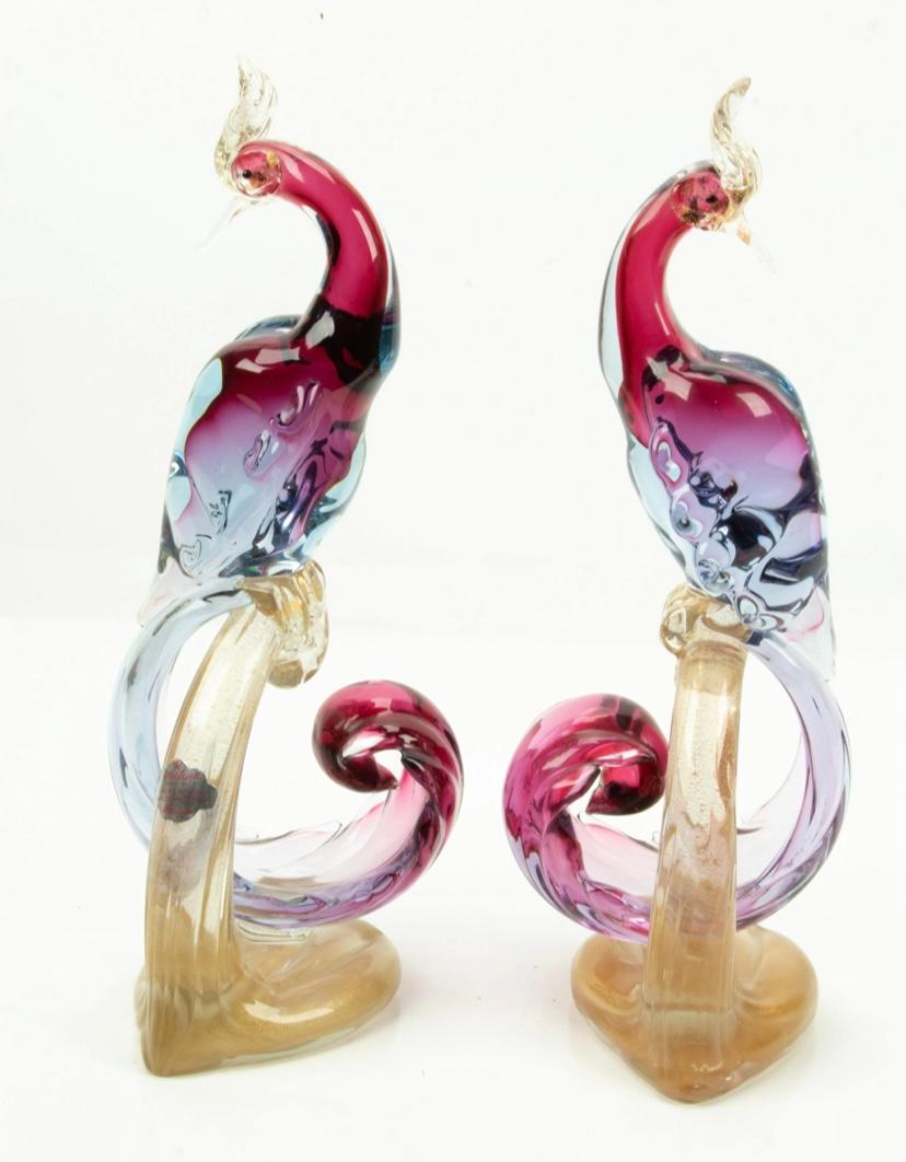 Hand-Crafted Pair Venetian Glass Bird Sculptures, Alfredo Barbini, Great Purple Red Coloring