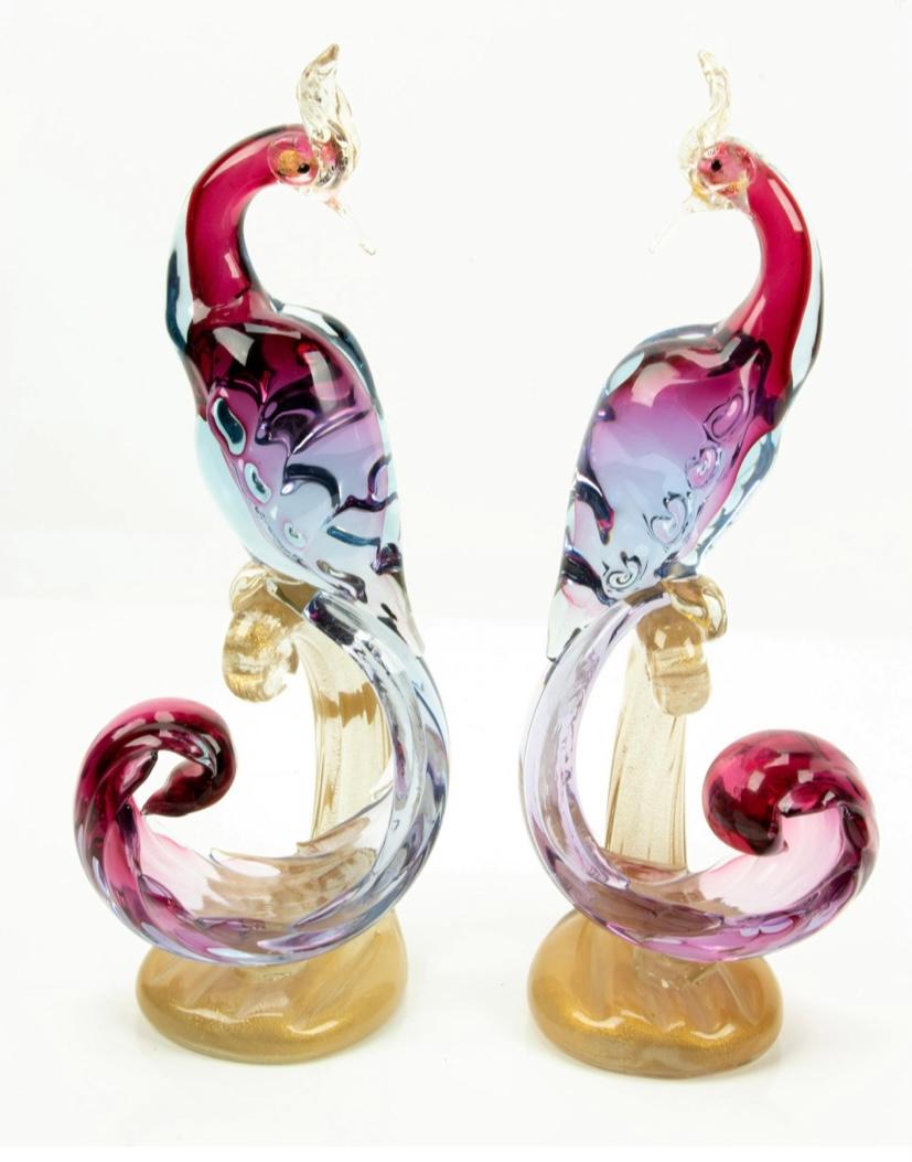 Pair Venetian Glass Bird Sculptures, Alfredo Barbini, Great Purple Red Coloring In Good Condition In West Palm Beach, FL