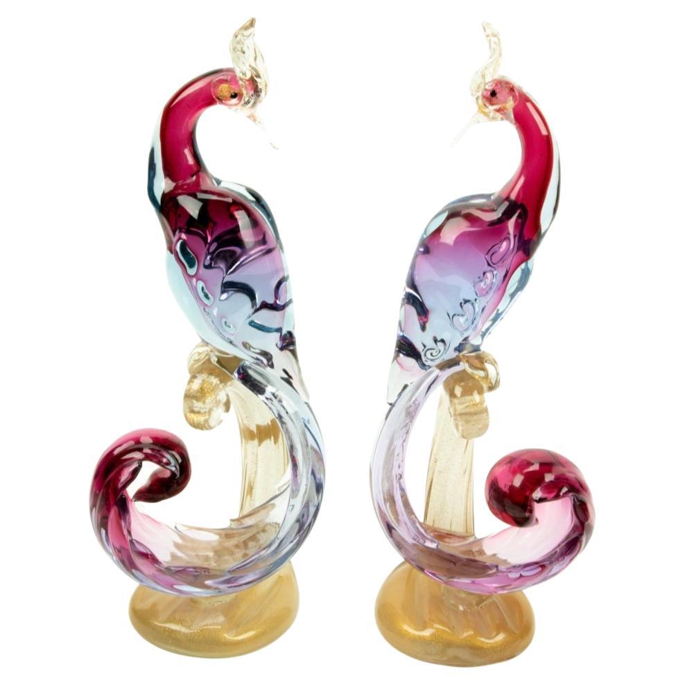 Pair Venetian Glass Bird Sculptures, Alfredo Barbini, Great Purple Red Coloring