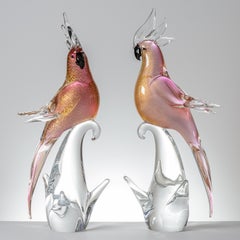 Pair Venetian Glass Exotic Bird Sculptures, Vintage circa 1950