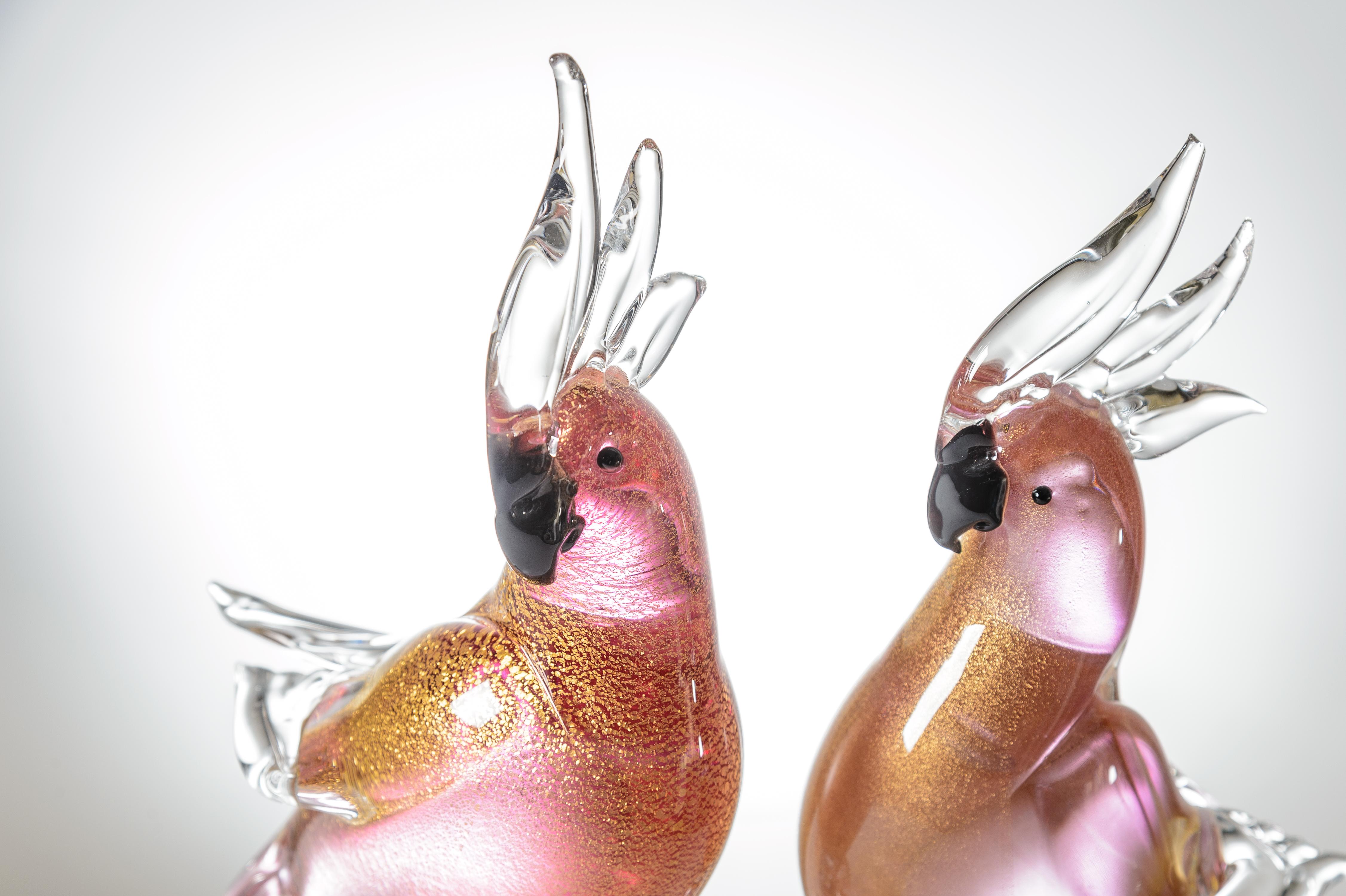 Hand-Crafted Pair Venetian Glass Exotic Bird Sculptures, Vintage circa 1950