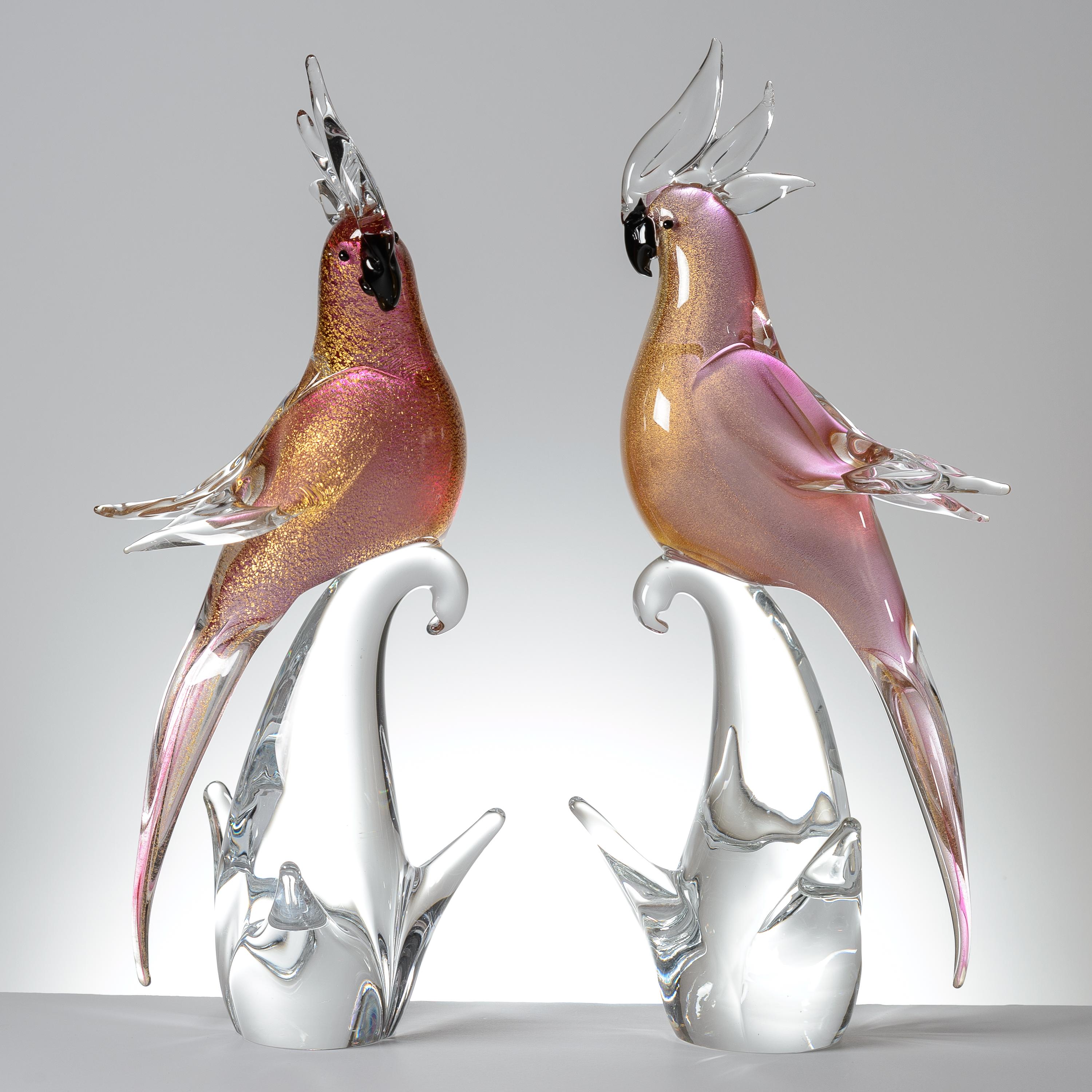 Pair Venetian Glass Exotic Bird Sculptures, Vintage circa 1950 2