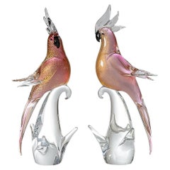 Pair Venetian Glass Exotic Bird Sculptures, Vintage circa 1950
