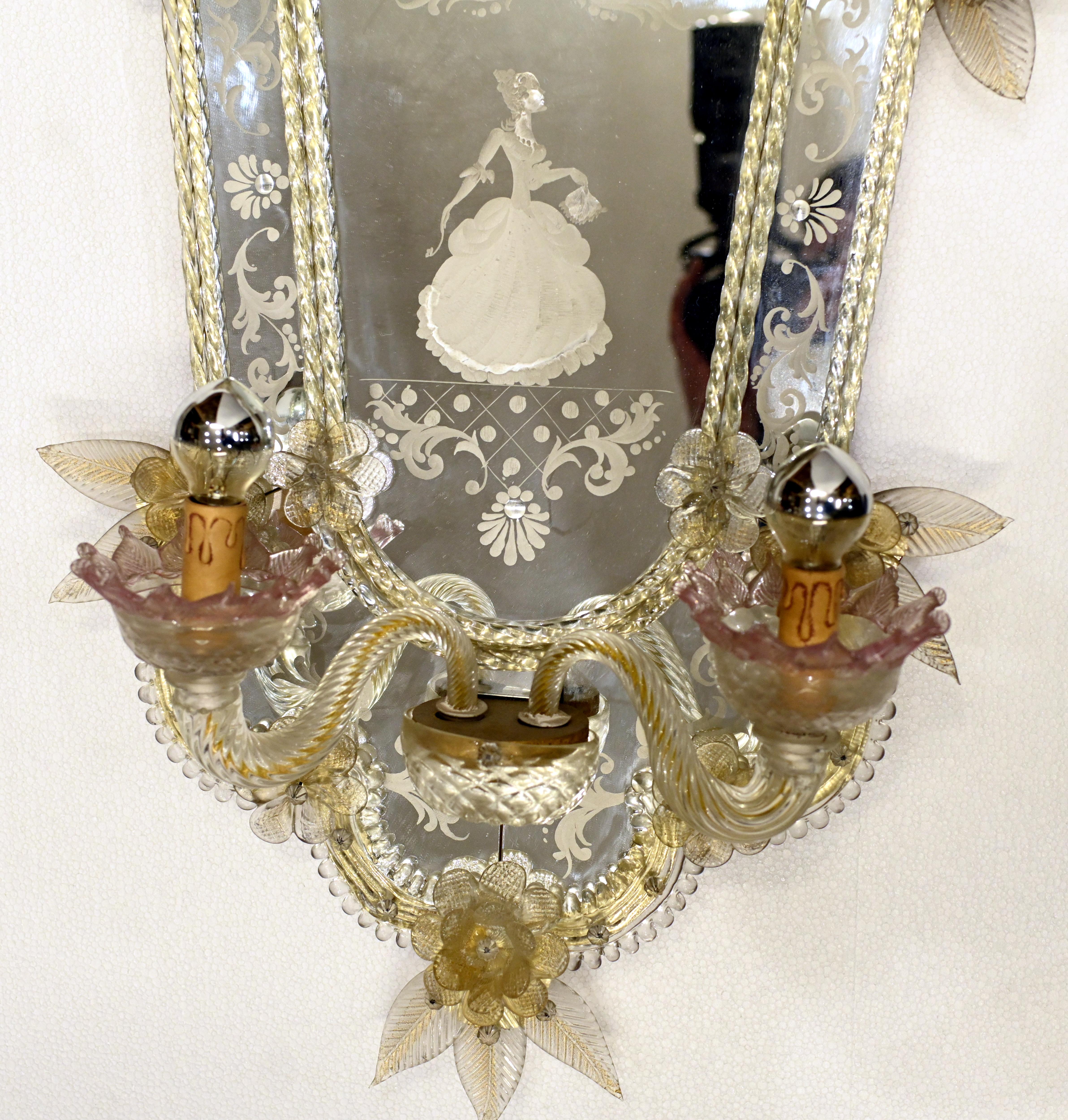 Pair Venetian Glass Mirrors Girandoles Lights Italian Sconce For Sale 6