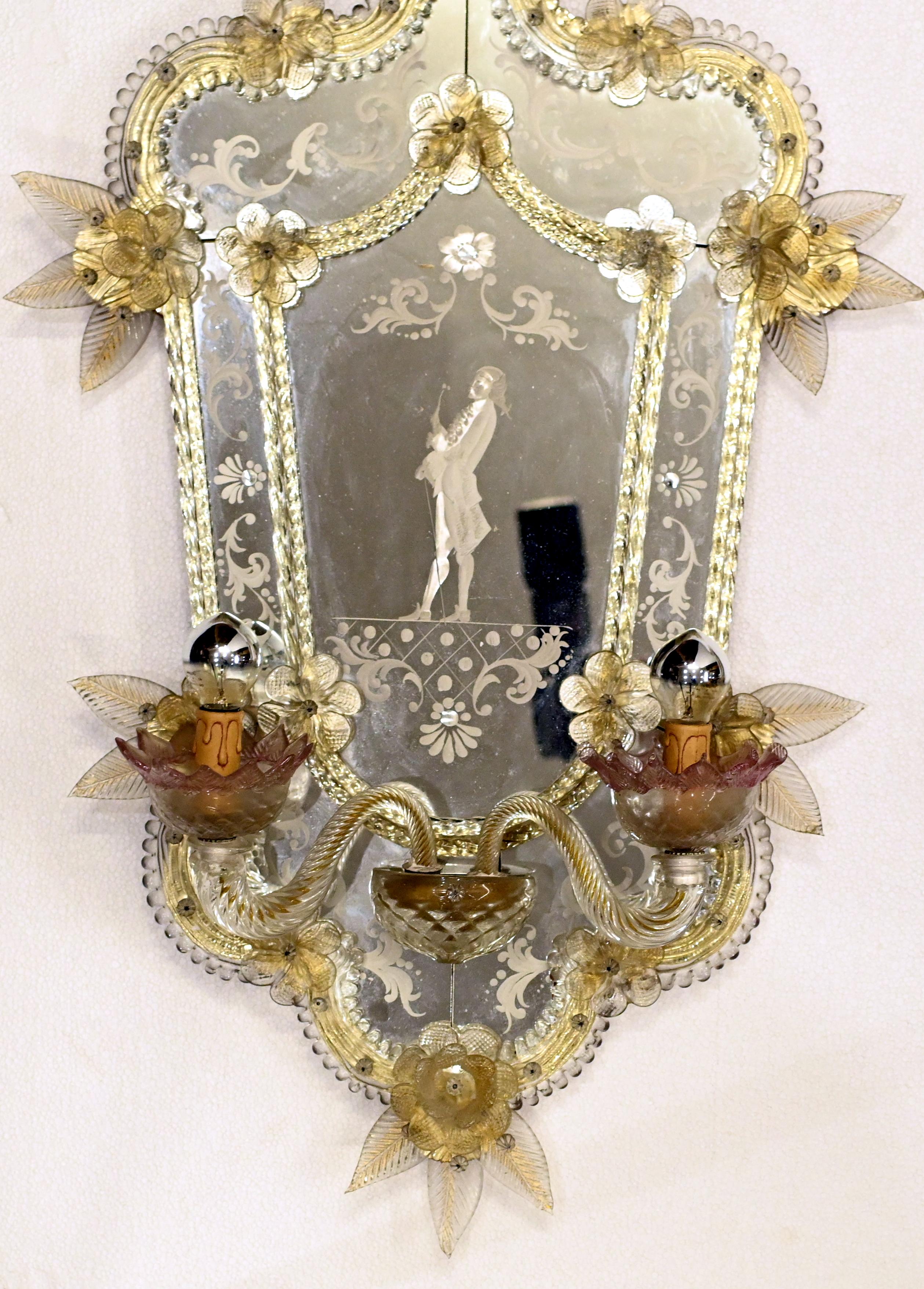 Late 20th Century Pair Venetian Glass Mirrors Girandoles Lights Italian Sconce For Sale