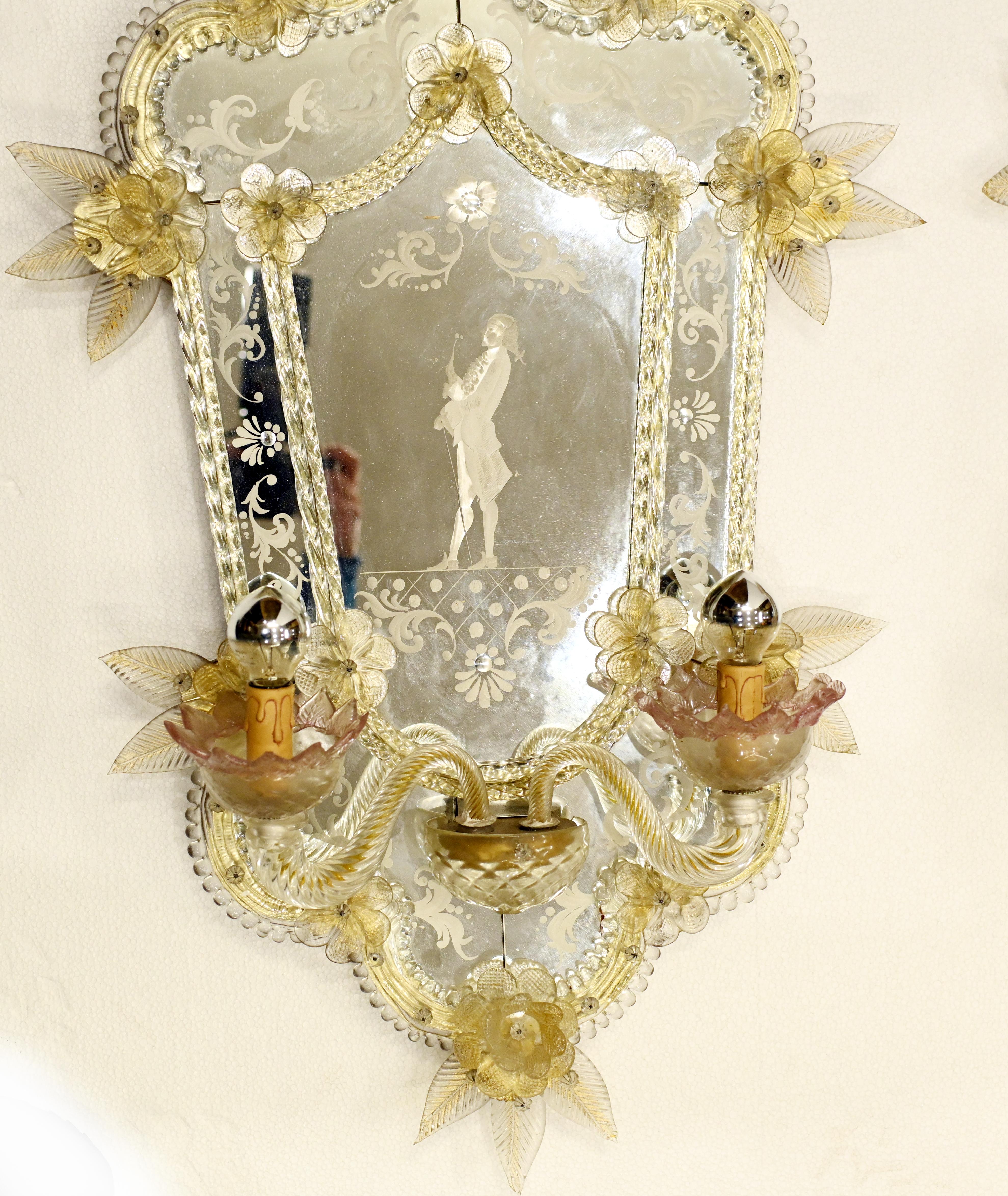 Pair Venetian Glass Mirrors Girandoles Lights Italian Sconce For Sale 2