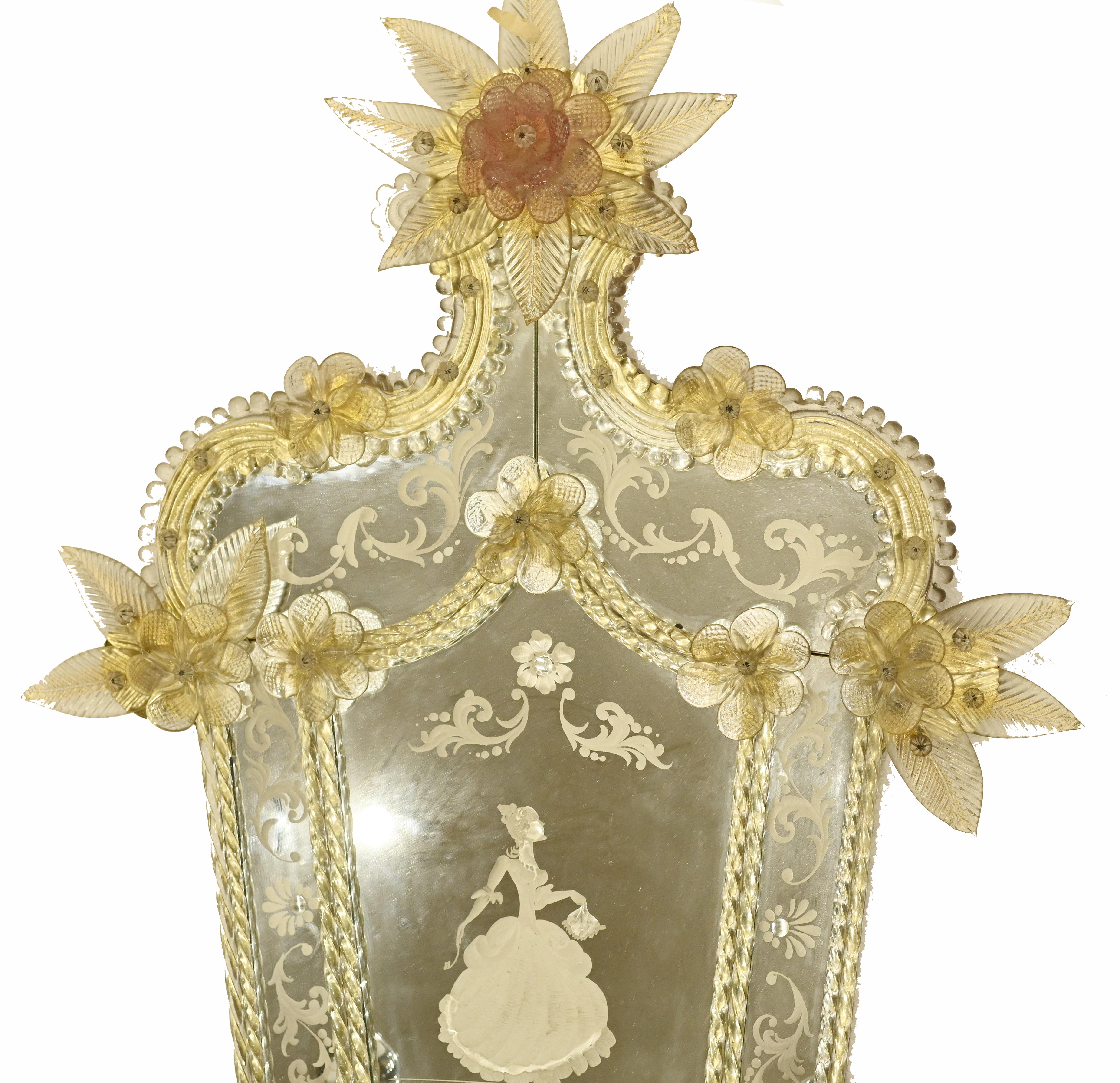 Pair Venetian Glass Mirrors Girandoles Lights Italian Sconce For Sale 4