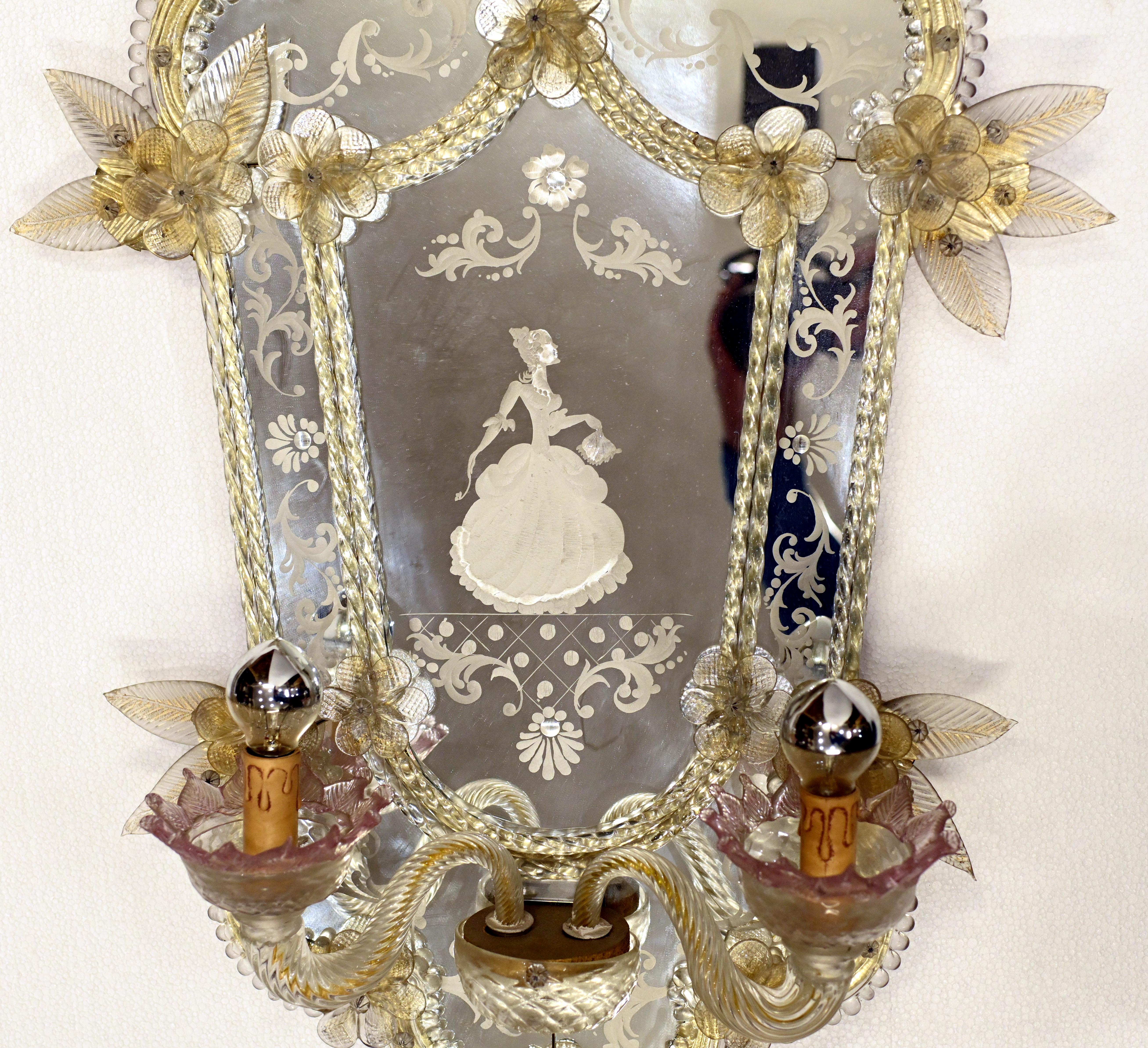 Pair Venetian Glass Mirrors Girandoles Lights Italian Sconce For Sale 5