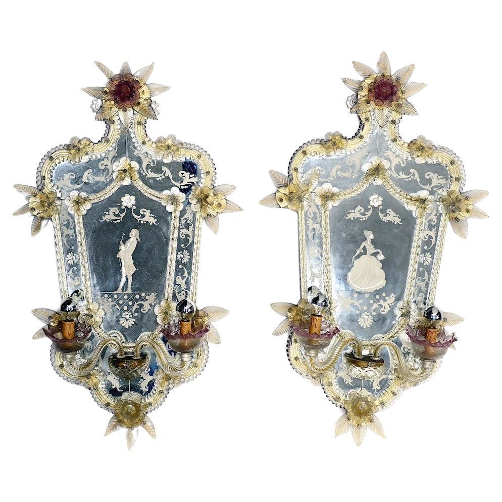 Pair Venetian Glass Mirrors Girandoles Lights Italian Sconce For Sale