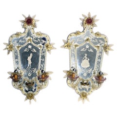Used Pair Venetian Glass Mirrors Girandoles Lights Italian Sconce