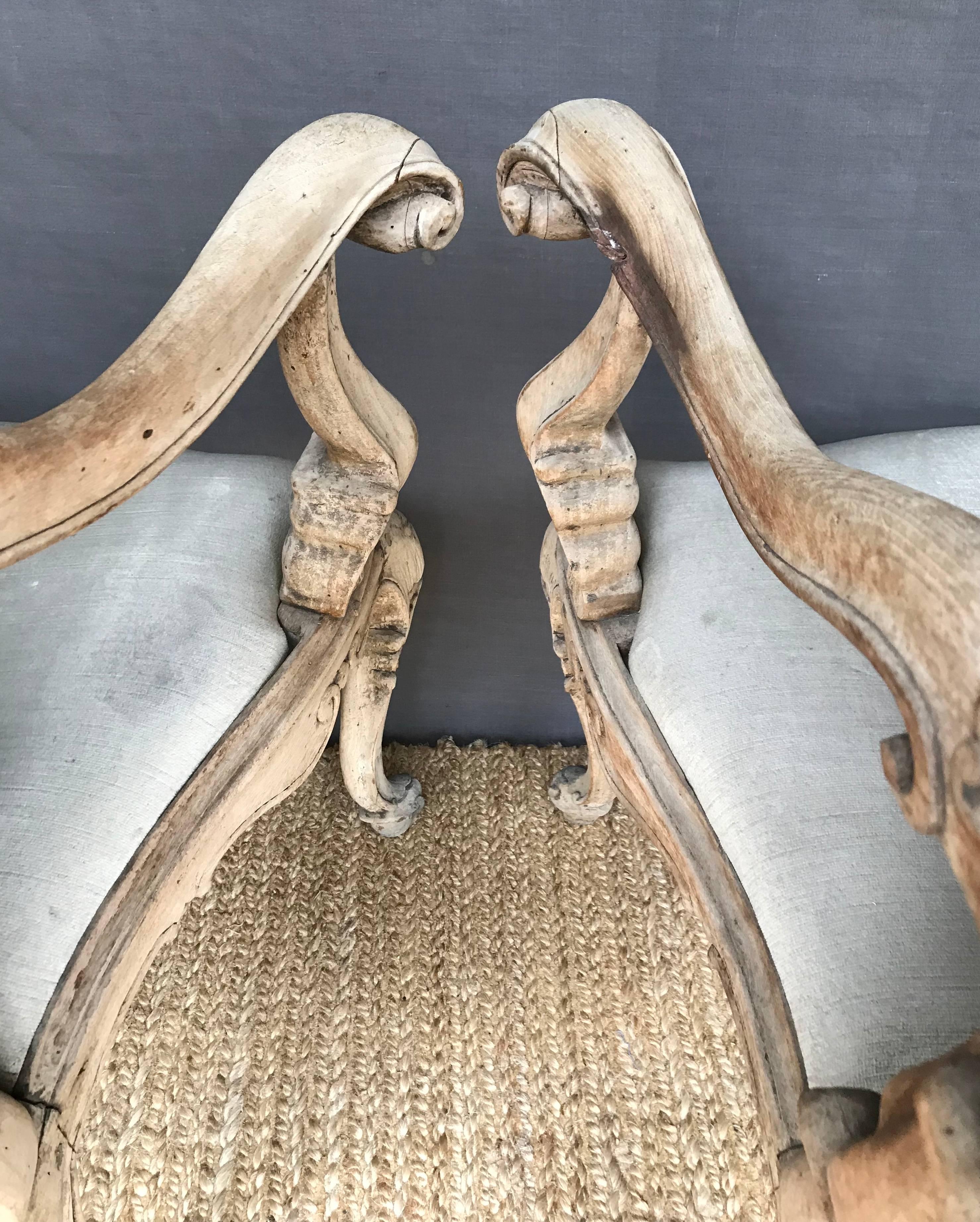 Pair Bleached Wood Venetian Open Armchairs For Sale 1