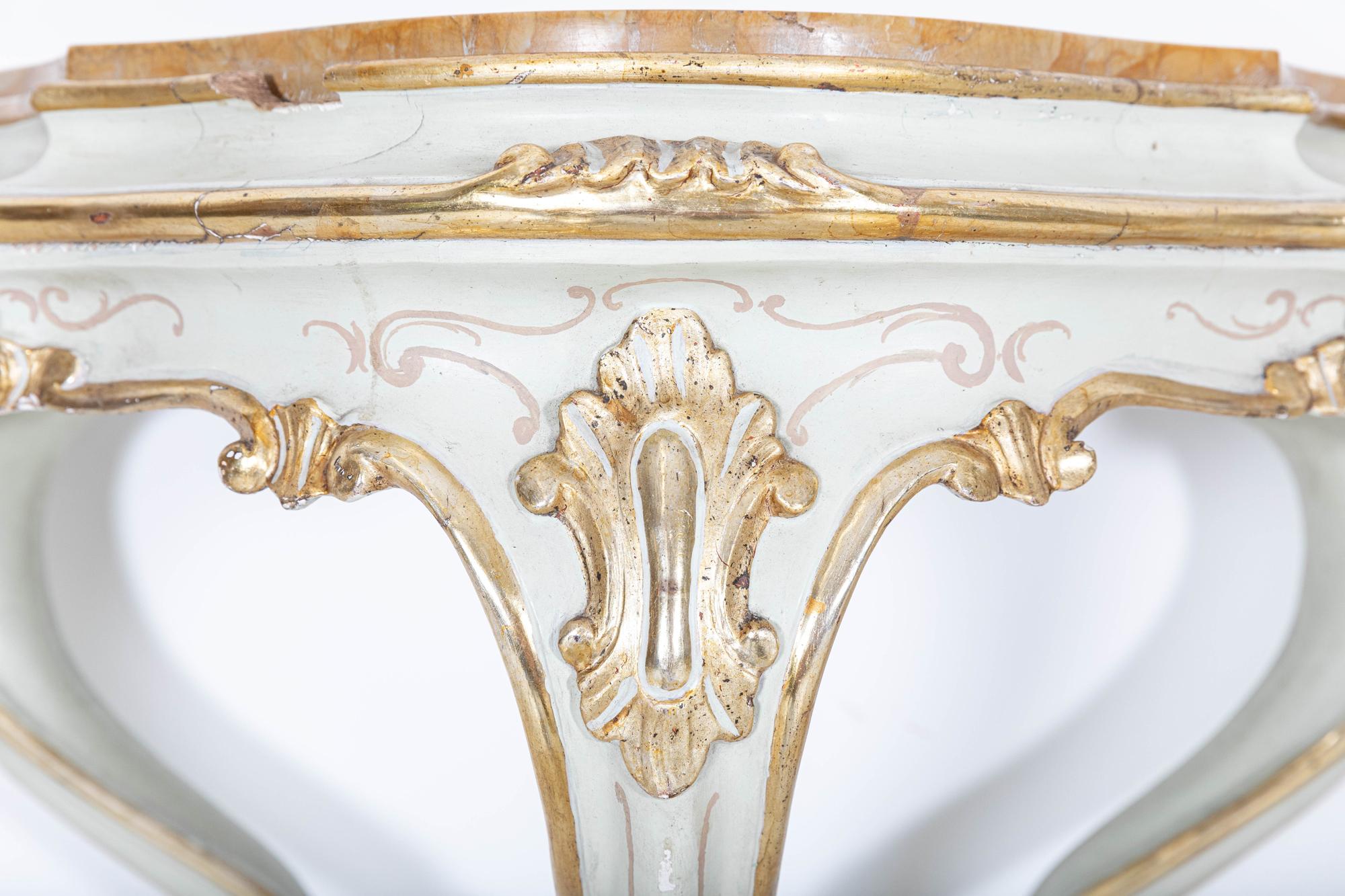 Circa 1950

Pair Venetian marble top wall console tables, hand painted and gilded.

Sourced from the South of France

Price per pair

sku 840

Measures: W59 x D34.5 x H67 cm.