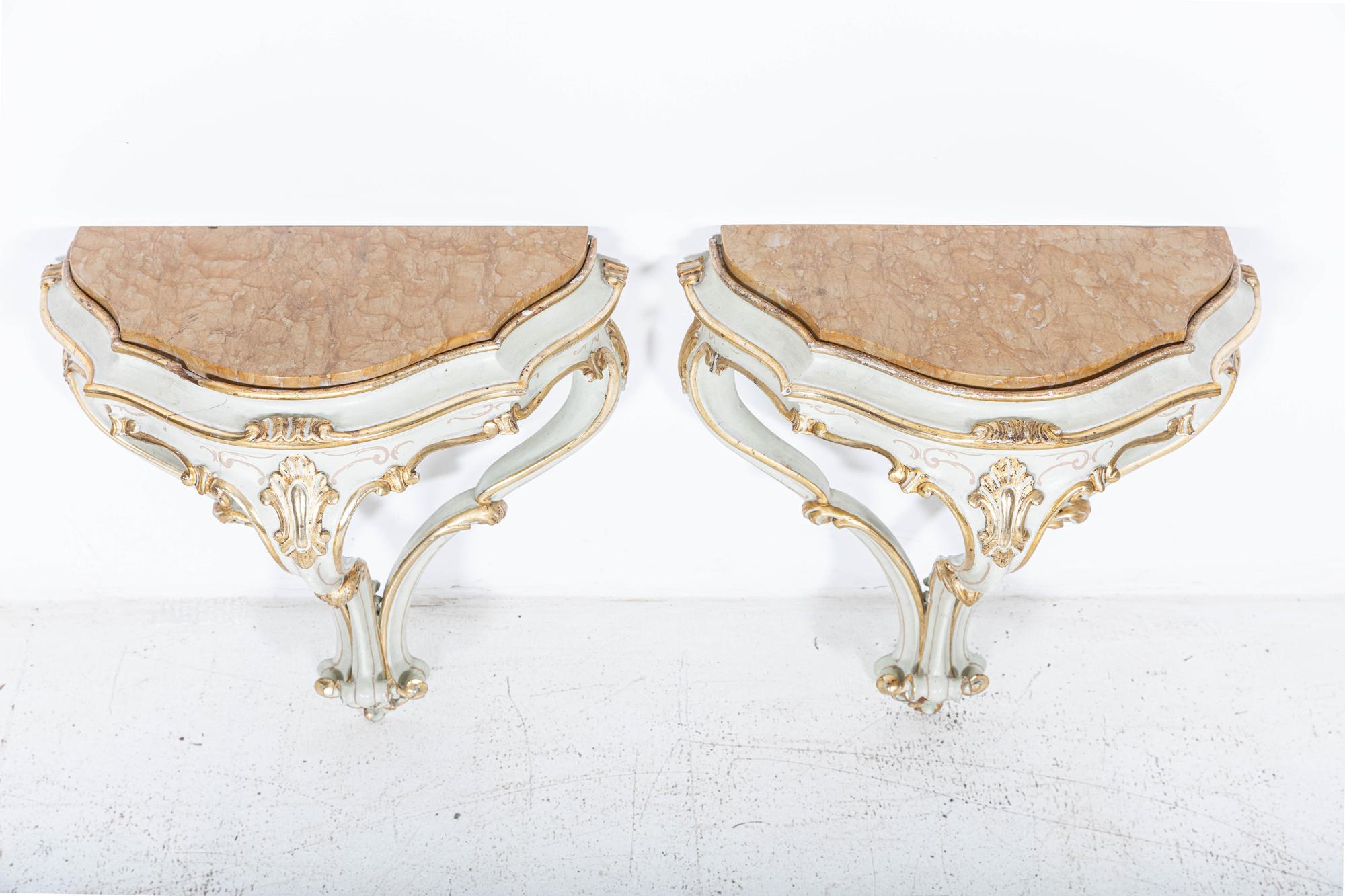 Hand-Painted Pair Venetian Marble Wall Console Tables