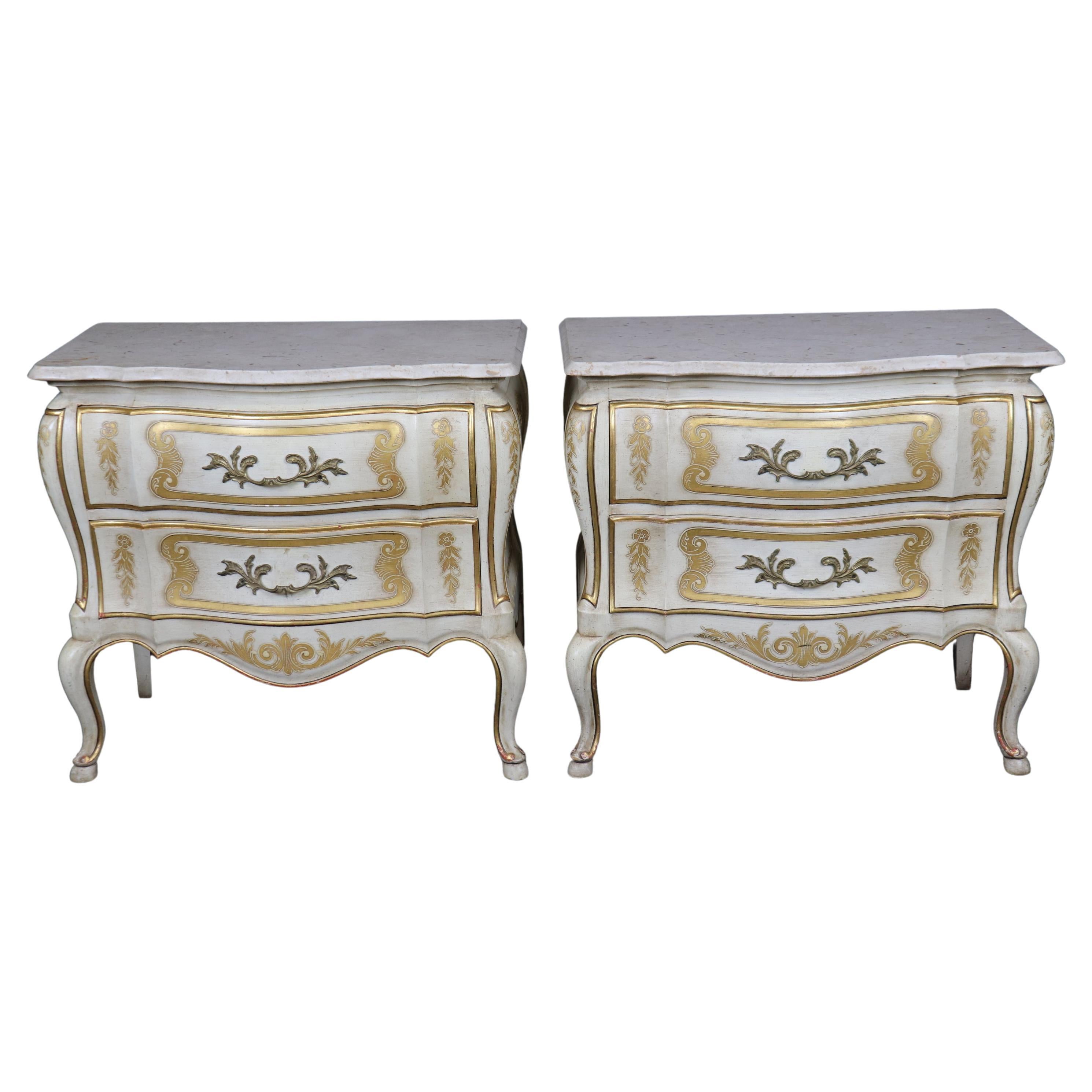Pair Venetian Style Painted with Travertine top Night stands by John Widdicomb
