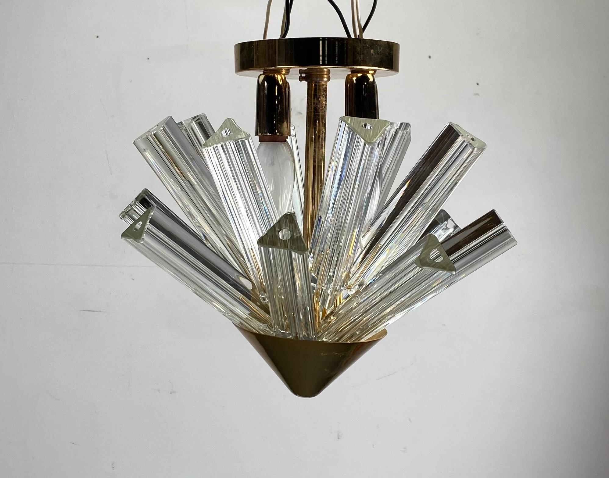 Late 20th Century Pair of Venini Style Triedri Prisms Flushmount Hanging Pendant Chandelier/Murano