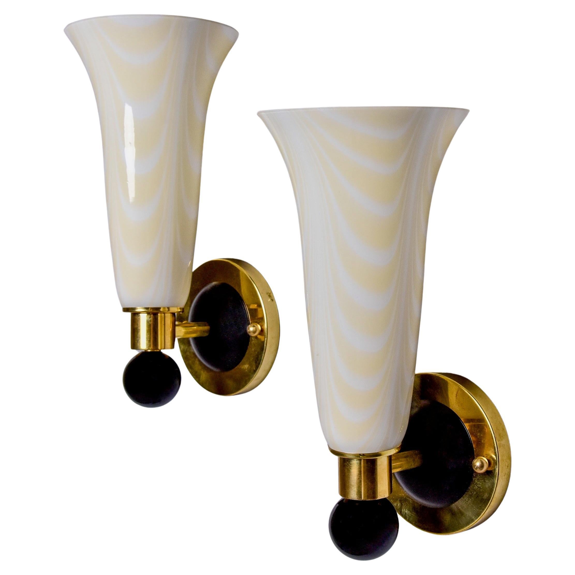 Pair Venini Vintage Pale Yellow and White Murano Glass Sconces