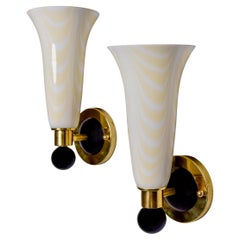 Pair Venini Retro Pale Yellow and White Murano Glass Sconces