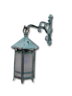 Pair Verdigris Green Patina Wall Mounted Lanterns, France, 1880