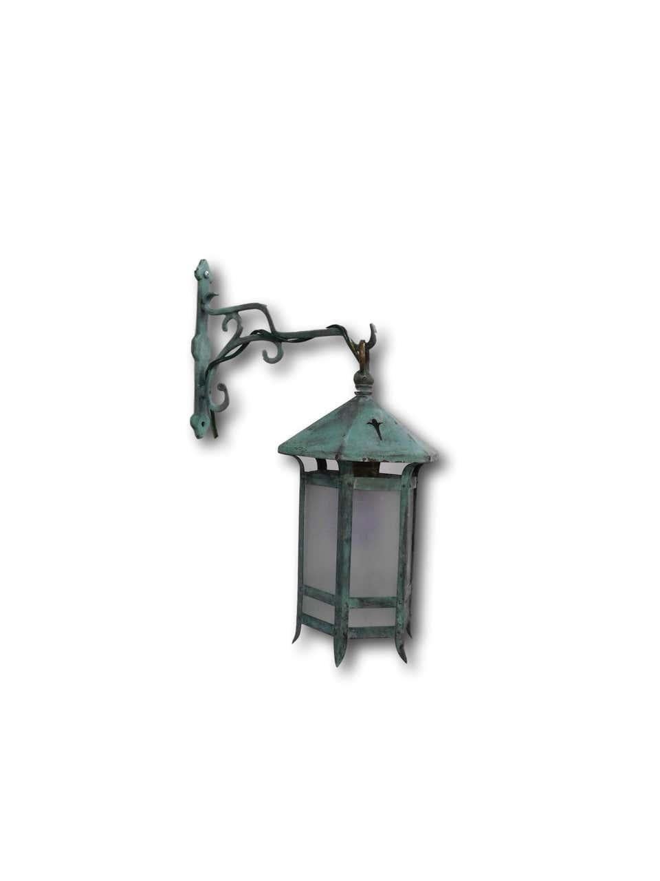 Tudor Pair Verdigris Green Patina Wall Mounted Lanterns, France, 1880 For Sale