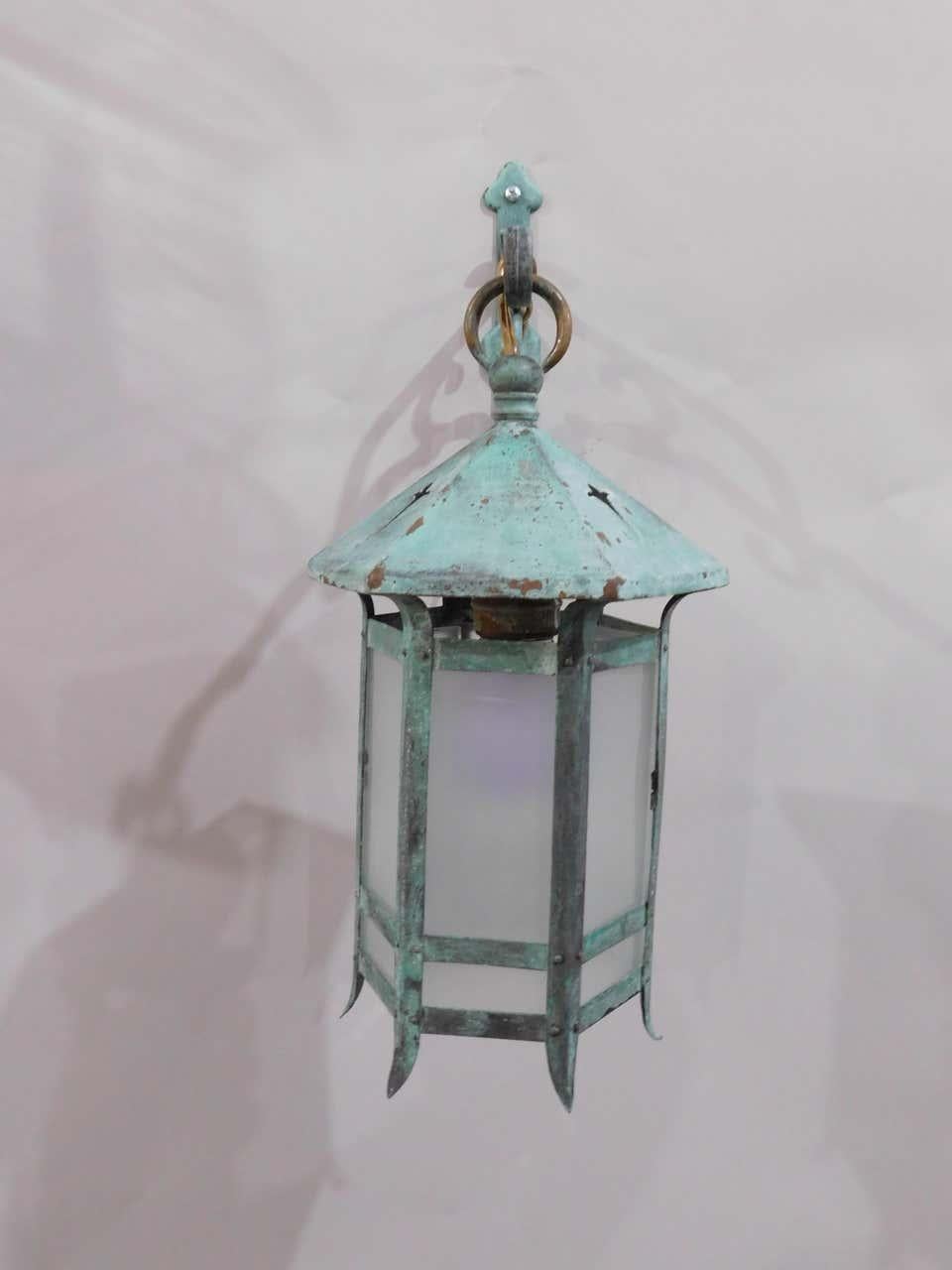 Pair Verdigris Green Patina Wall Mounted Lanterns, France, 1880 In Good Condition For Sale In Chicago, IL