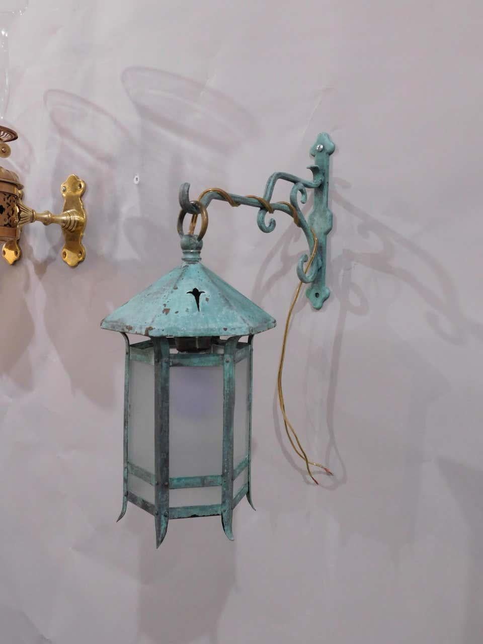 19th Century Pair Verdigris Green Patina Wall Mounted Lanterns, France, 1880 For Sale