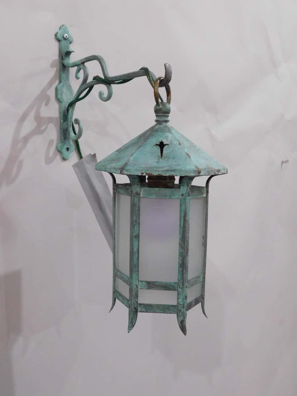 Brass Pair Verdigris Green Patina Wall Mounted Lanterns, France, 1880 For Sale